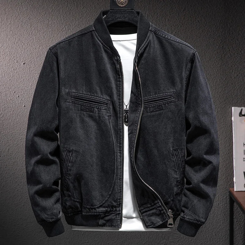 Autumn Stand Collar Zipper Denim Jacket Men Casual British Slim Black Motorcycle Male Baseball Jacket Cowboy Coat 241112