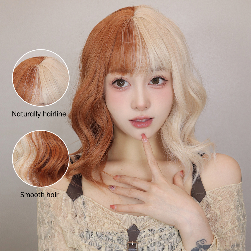 Short Wavy Blonde Copper Ginger Synthetic Natural Hair Wig with Bangs Halloween Costume Cosplay Wig Heat Resistant for Women d6575