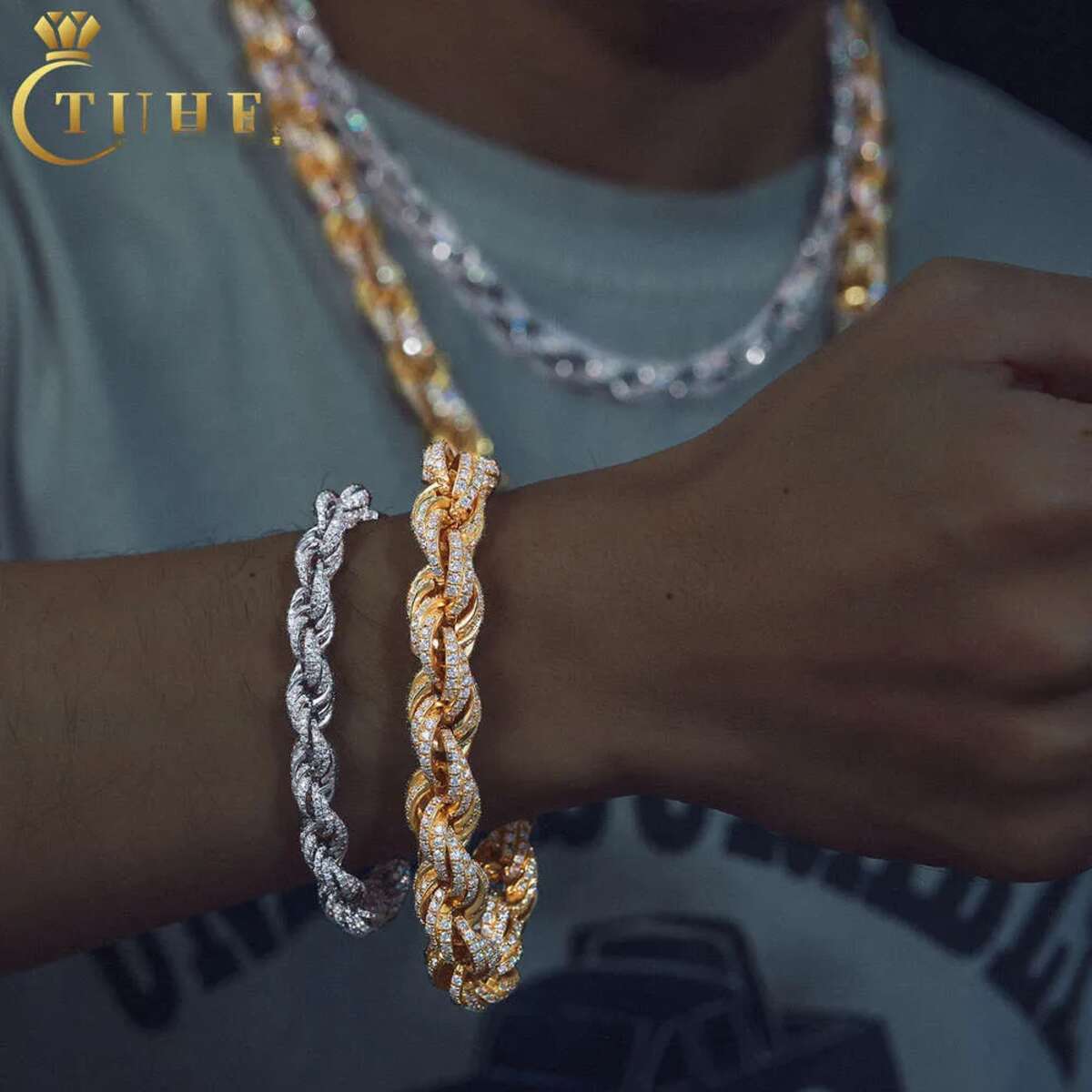 14mm VVS Moissanite Rope Chain Sterg Sier Mossanite Dia Iced Out Mens Bracelet With GRA Certificate