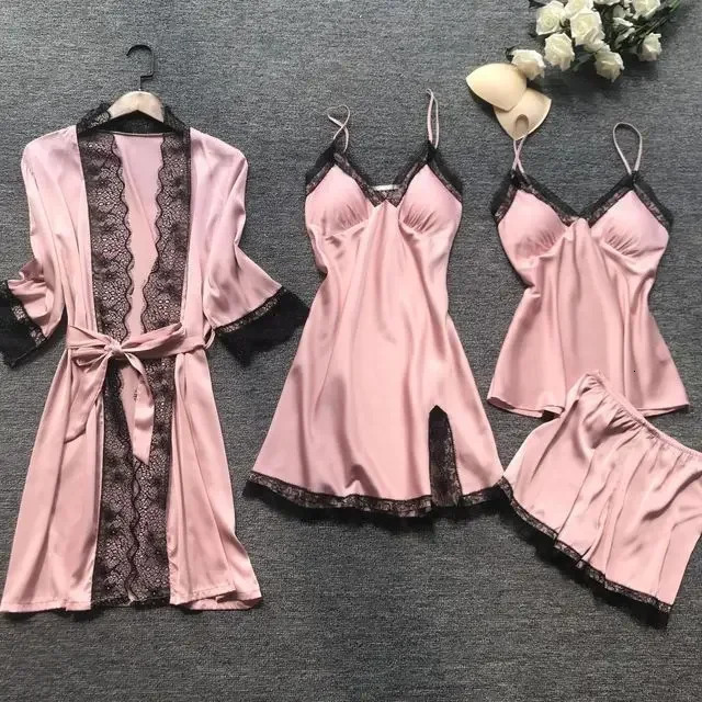 Womens Pajama Set Satin Pajama Silk 4-piece Evening Dress Strap Lace Sleep Lounge Pajama with Chest Mat 241112