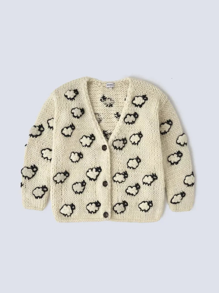 Knitted V-neck Casual Sheep Womens Cardigan Single Breasted Long Sleeved Contrasting Sweater Female Commuting High Streetwear 241112