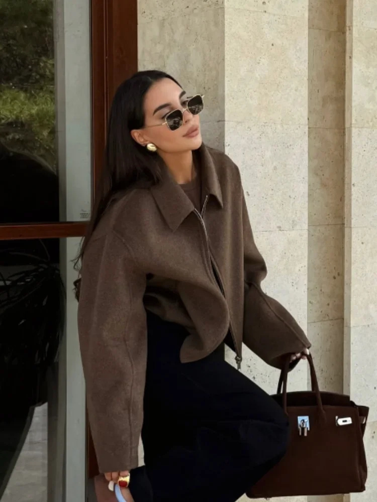 Women Casual Solid Short Woolen Coat Elegant Lapel Long Sleeve Zipper Baseball Jacket Autumn Lady Chic Street Outwear 241112