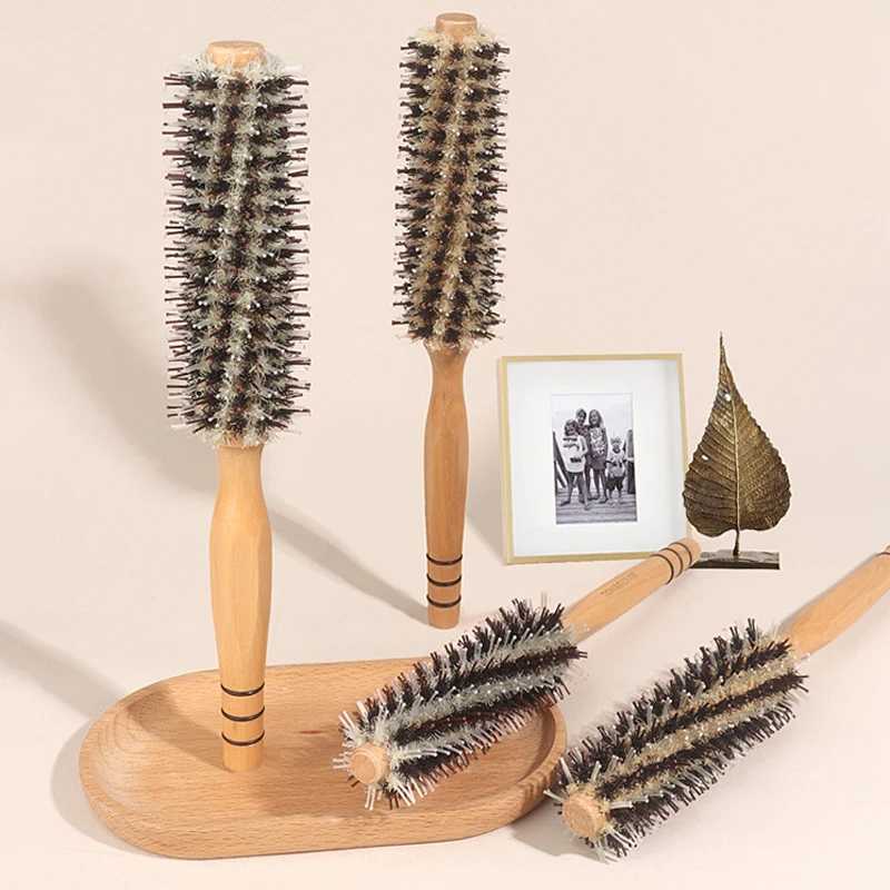 Type 4 Wooden Handle Round Curling Brush Straight Twill Hair Combing Brush Round Barrel Curling Brush Curling Tool W241112