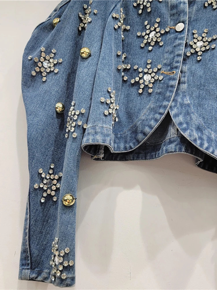 DEAT Womens Denim Jacket O-Neck Puff Sleeves Embroidered Flame Single Chest Short Jacket Autumn Fashion 29L3222 241112