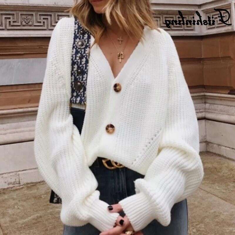 2024 autumn and winter new sweater cardigan solid color knitted button jacket for women