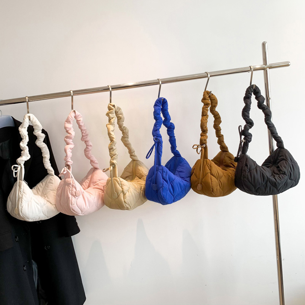 Women Quilted Shoulder Versatile Crescent Drawstring Puffy Crossbody Sling Pleatd Satchel Shopper Bag