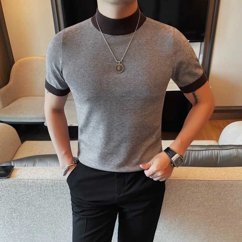 Turtleneck short sleeved sweater for mens autumn collection Korean ultra-thin slim fit casual knitted mens sweater large-sized pull rod mens 4XL-M W24