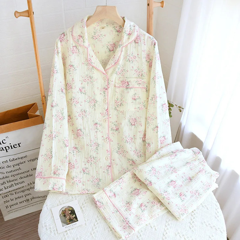Autumn long sleeved cotton double high waisted womens pajamas loose casual plus size casual jacket flip collar printed pajamas 241112