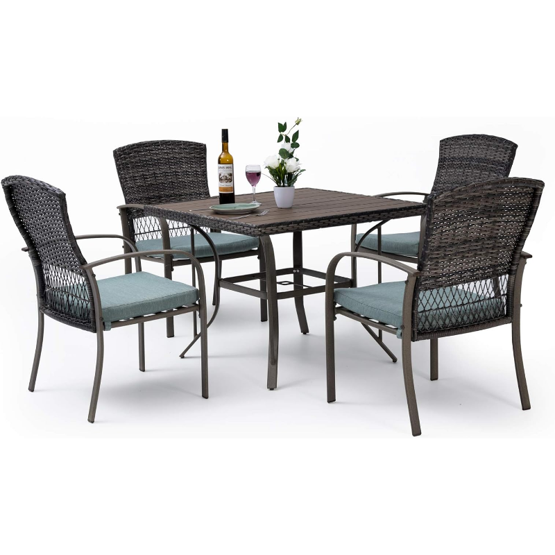Pamapic Patio 5 Piece, Garden Dining Set, Outdoor Wicker Furniture Set with Square Plastic-Wood Table Top