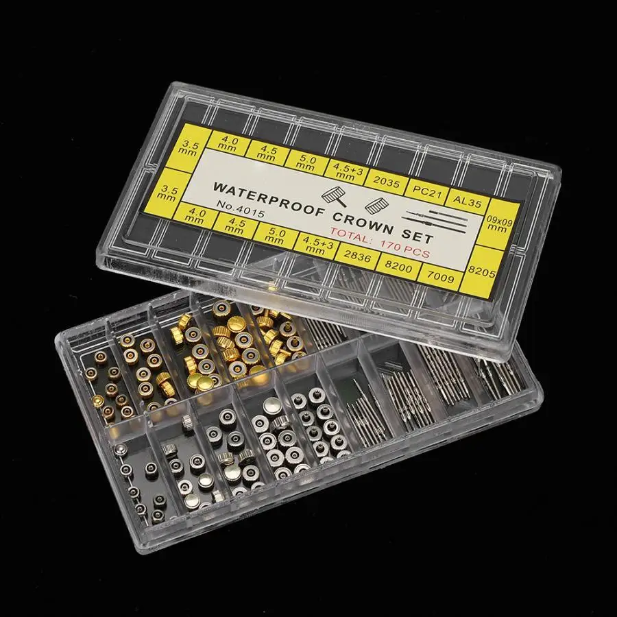 170Pcs/Box Watch Crown Parts Replacement Assorted Dome Flat Head Watch Accessories Repair Tool Kit Accessories Tool Kits