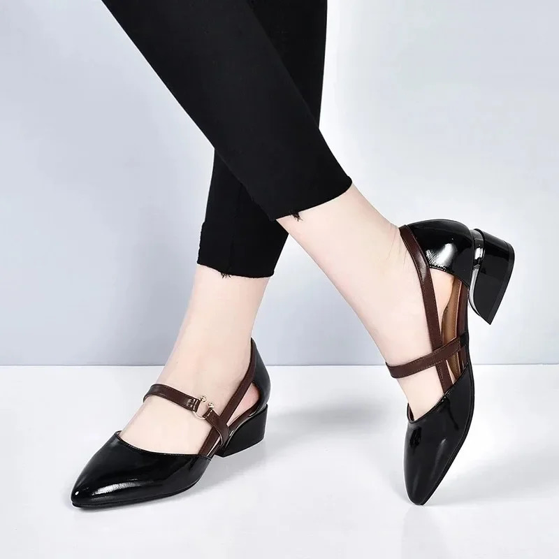 Spring and summer season single shoe thick heel soft sole solid color Pointed breathable middle-aged and elderly fashion 241111