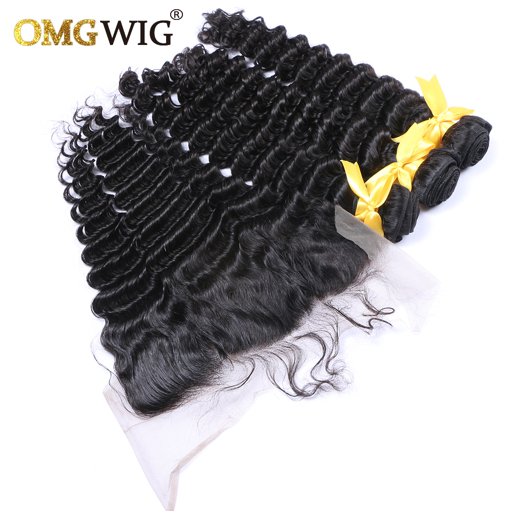 Deep Wave Natural Color Hair Bundles With 13x4 Base Closures Brazilian Human Hair Free Part Bleached Knots Transparent Lace dc3d3