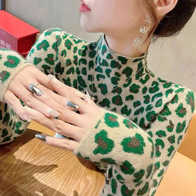 Autumn Winter Fashion All-match Leopard Print Sweaters Women Clothing Elegant Slim Half High Collar Long Sleeve Pullover Y2k Top 241111