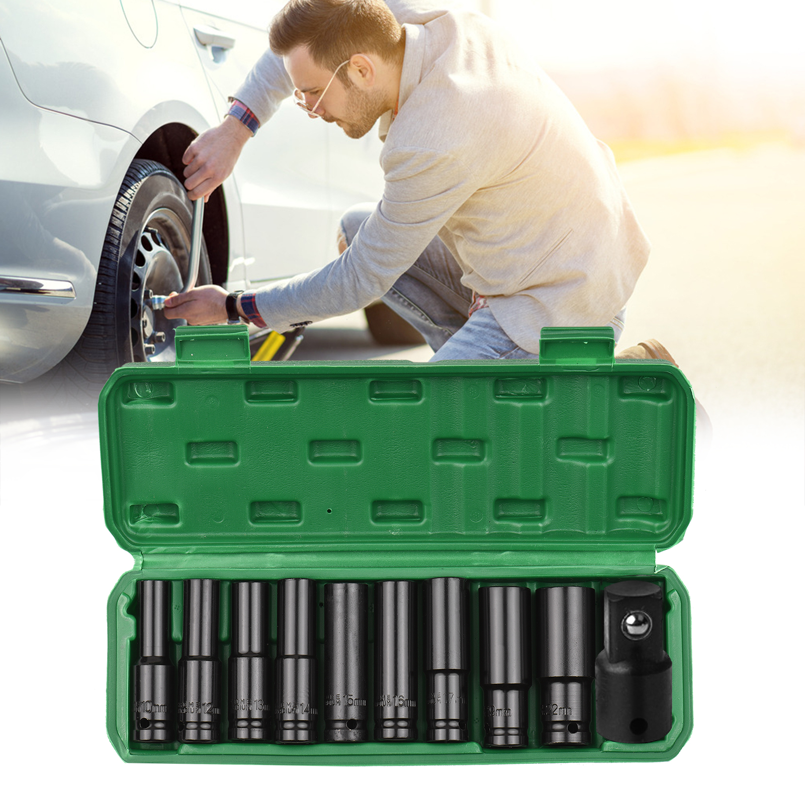 10pcs 1/2" Drive Deep Impact Socket Set Drive Metric Wrench Socket Deep Impact Socket Pneumatic Wrench Head Tire Removal Tools