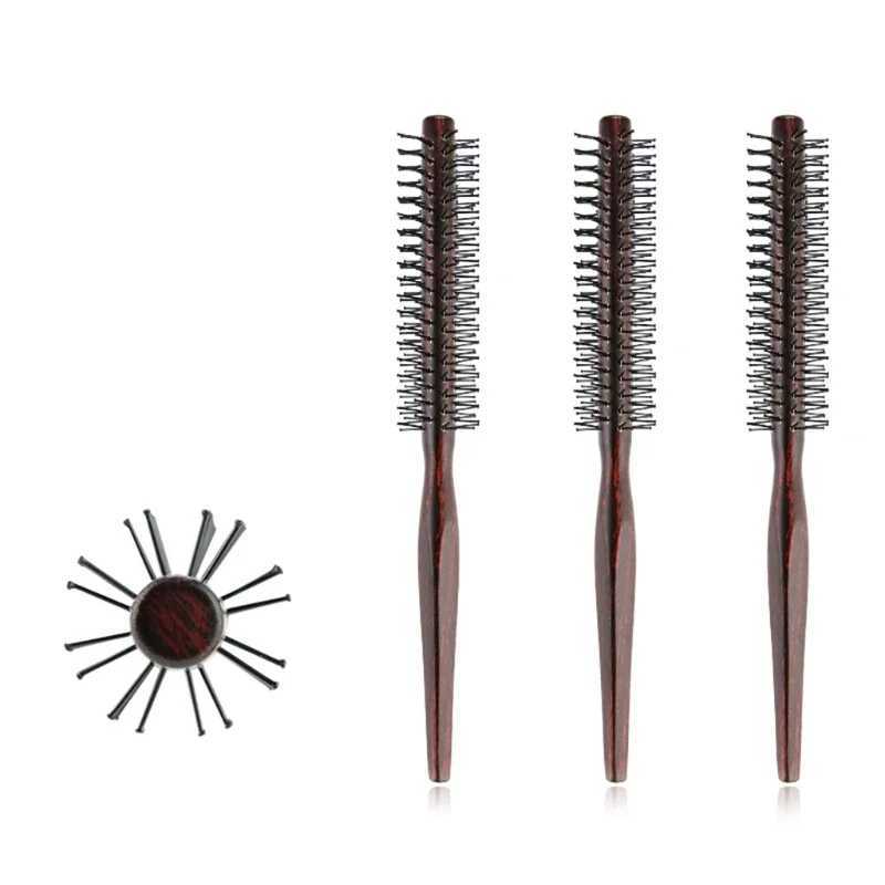 Nylon round hair brush anti-static comb blow dry bangs pear head straight hair wooden comb W241112