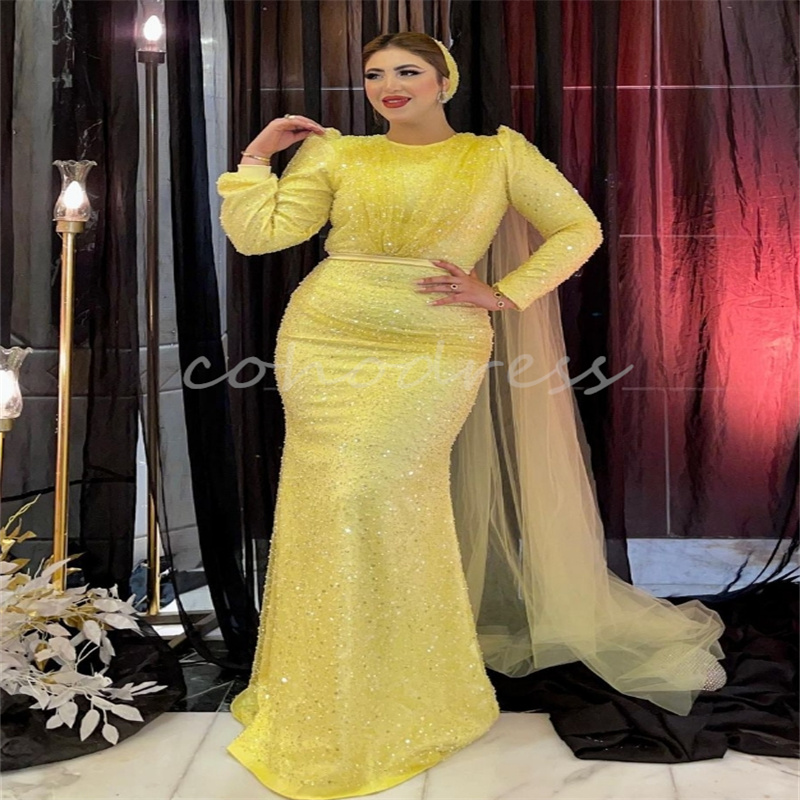 Shine Yellow Sequin Evening Dresses Plus Size Mermaid Arabia Prom Dress Elegant Long Sleeve Formal Birthday Party Gown With Tail Sparkly Robe De Soire