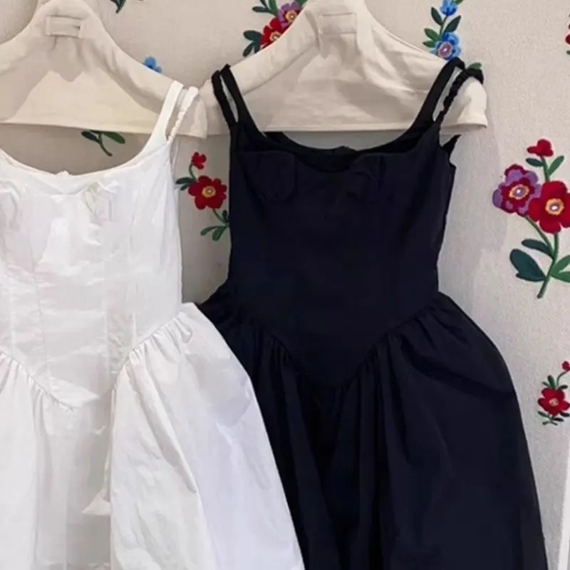 Fashion Baby Girl Princess Cotton Strap Dress Toddler Child Suspender Vestido Black White Solid Color Summer Baby Clothes 2-12Y 240329