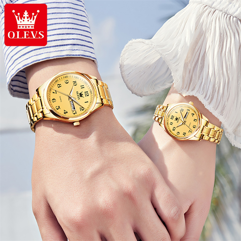 OLEVS 5567 Golden Quartz Couple Watches Paired Men and Women Brand Digits Dial Calendar Waterproof Lover's Watches Clock 9f5e0