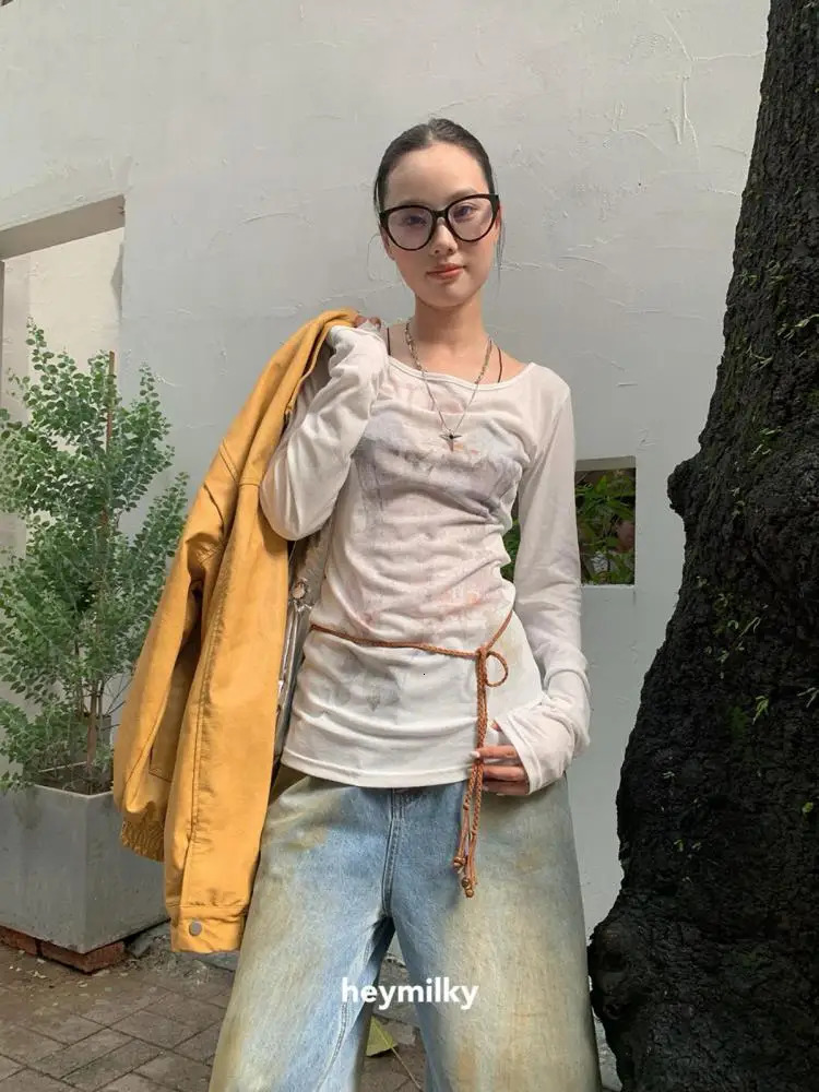 Tawaaiw Fairycore Graphic T-shirt long sleeved Korean fashion 2000s clothing Y2k autumn top fashionable womens T-shirt 241112