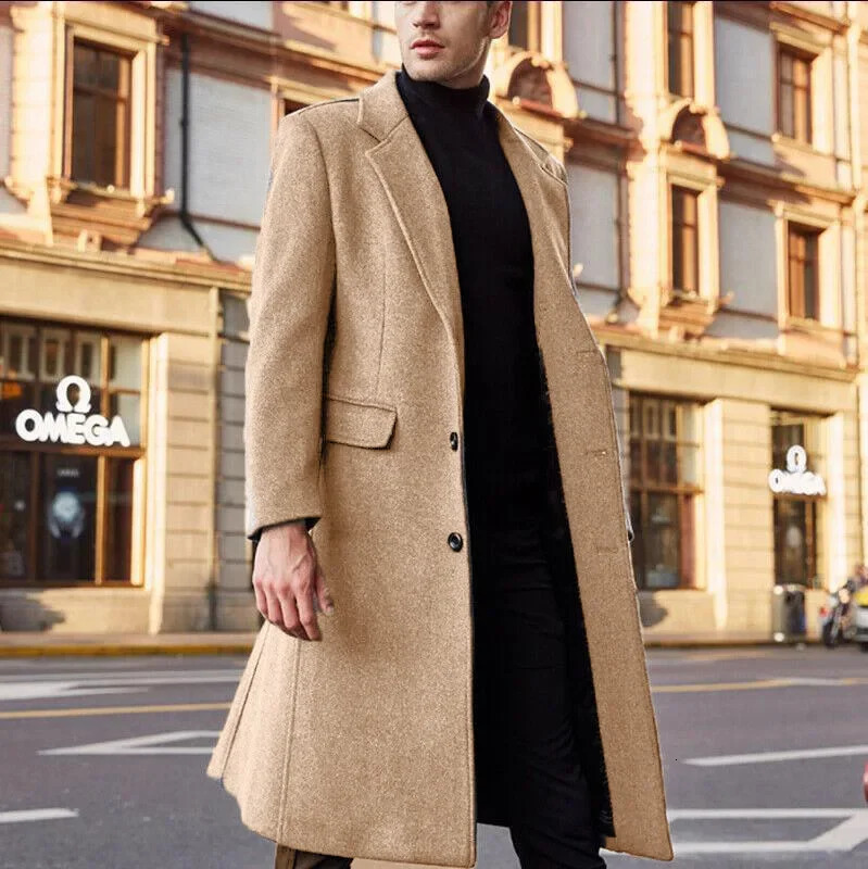 British Style Men Long Trench Coat Woolen Coat Mens Autum Winter Solid Color Warm 241112