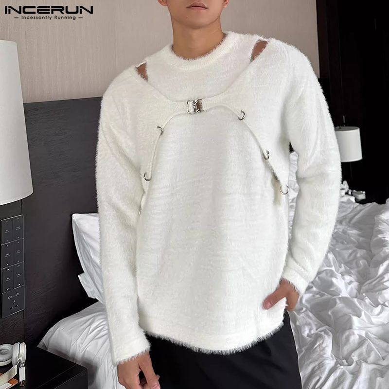 Tops 2024 Handsome INCERUN Men's Off Ddmysmile Shoulder Deconstructed Design Plush Fabric Sweater Leisure Male Long Sleeved ddmysmile Sweater S-5