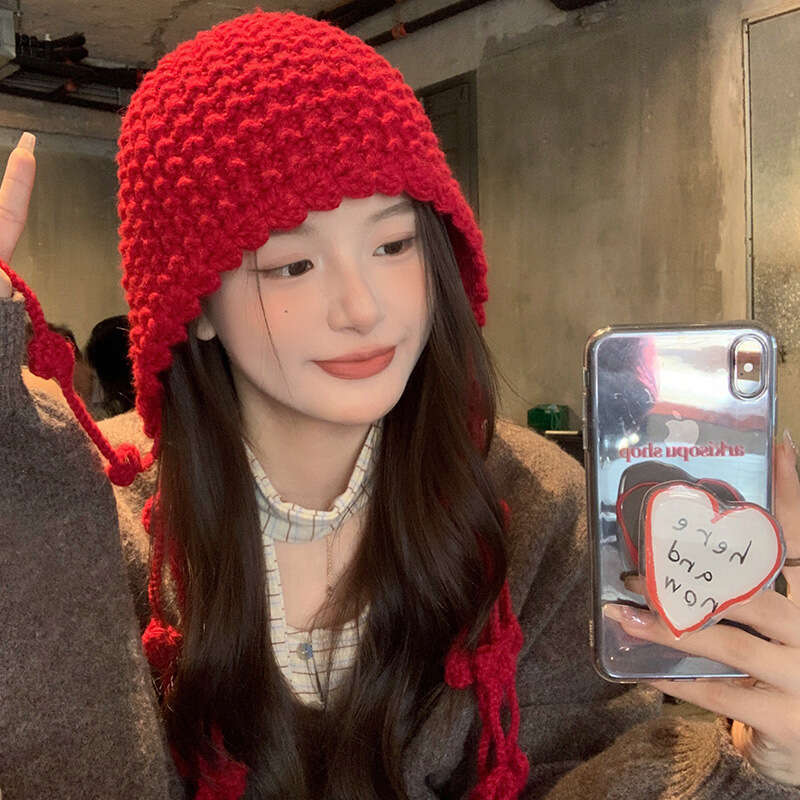 autumn winter warm woolen hat hand woven hollow toe cap womens ethnic and stylish su ear protection sleeve knitted hat