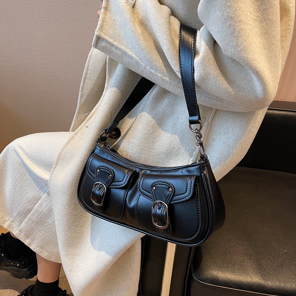 Women Fashion Shoulder Bag Double Pockets PU Leather Simple Underarm Bag Y2K Retro Commuting Bag Large Capacity Chic Hobo Bag