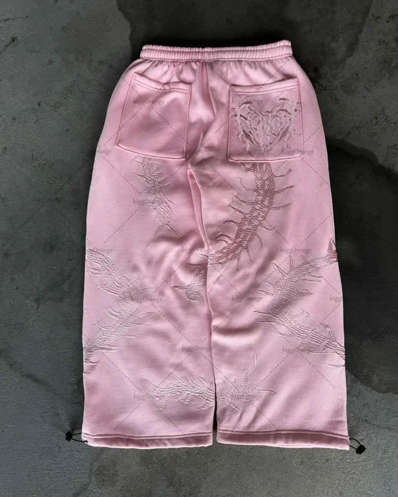 Y2K Harajuku Streetwear Gothic Punk Pattern Embroidery Baggy Sweatpants Men High Street Trend Retro Straight Trousers Couple 241112