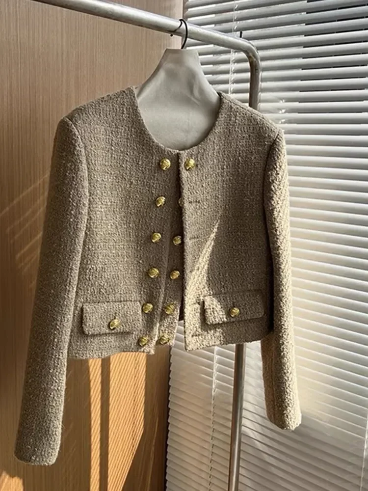 New High End Elegant Tweed Jacket Coat Women Autumn Winter Long Sleeve O-neck Double Breasted Woolen Outwear French Runway Tops