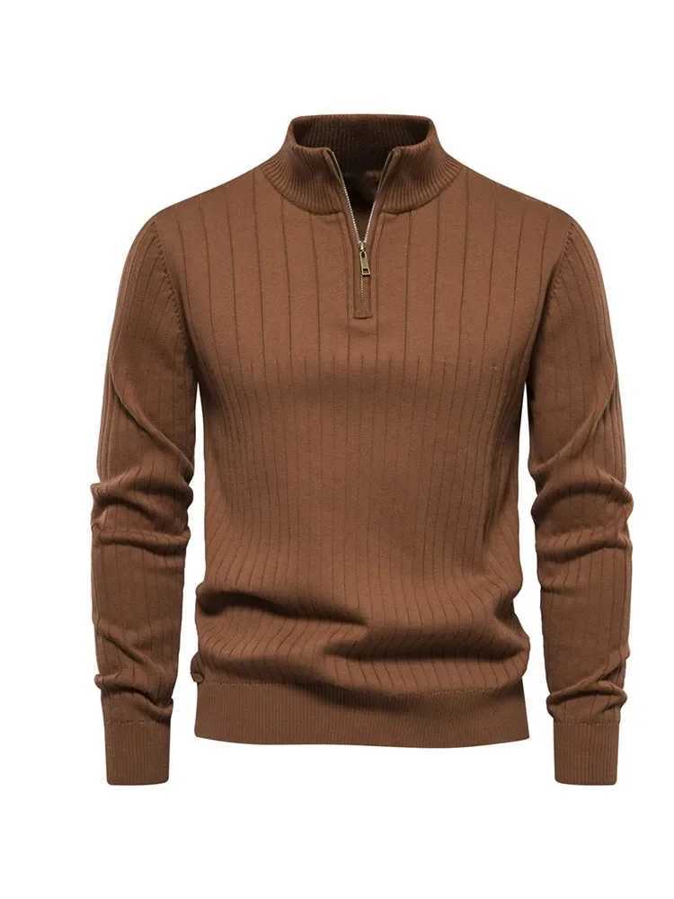 Fashionable street zipper turtle neck sweater mens casual long sleeved knitted pull-out 2024 winter solid bottom cashmere jumper W2411111