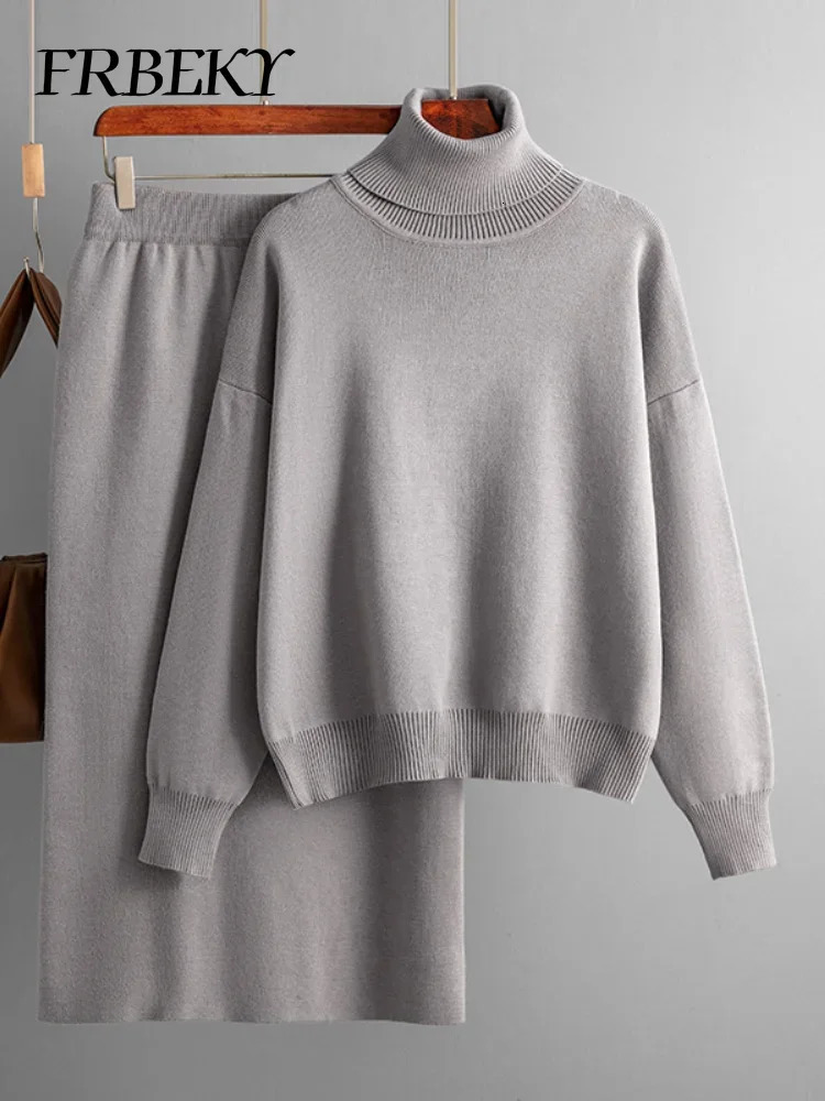 Dress set solid color turtle neck sweater half body bag hip set womens 2-piece casual knitted set 241112
