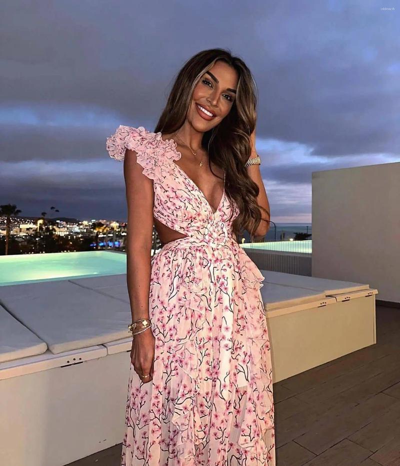 Women Summer Ral Holiday Dress Elegant Sleeveless V Neck Cut Out Appliques Long High Street Going Party Casual Dresses