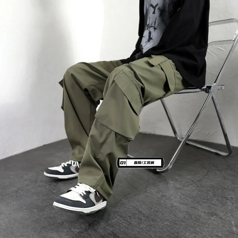 Hipster Men Black American Overalls High Street Boys Straight Leg Slacks Men Hipster Wide Leg Casual Pants 241112