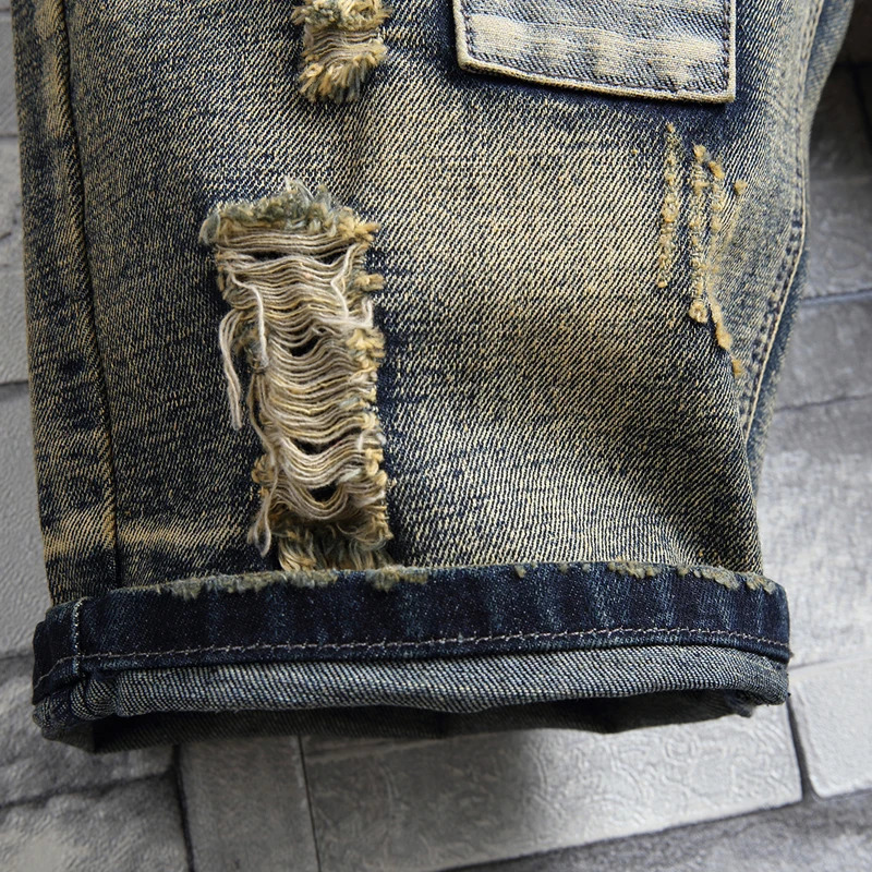 Mens Retro Style Ripped Denim Shorts Summer Fashion Casual Hole Patch Jean Shorts Male Clothes 241112