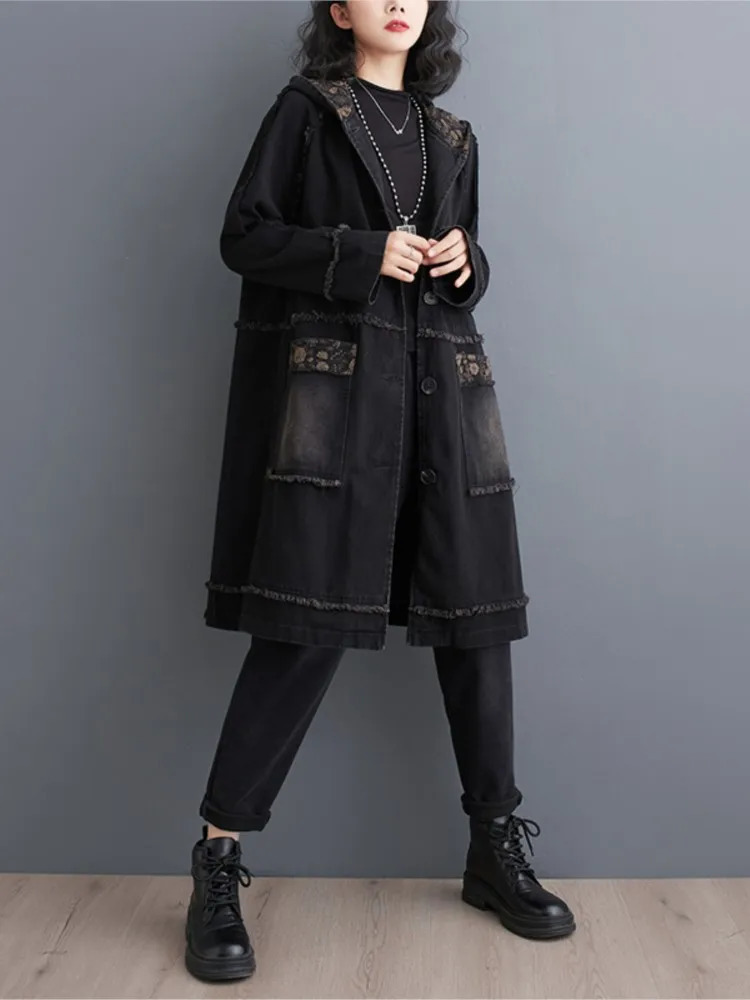 Denim Spring Hooded Midi Coat Womens Flower Printed Patch Work Fashionable Loose Womens Jacket Casual Long Sleeve Womens Trench Coat 241112