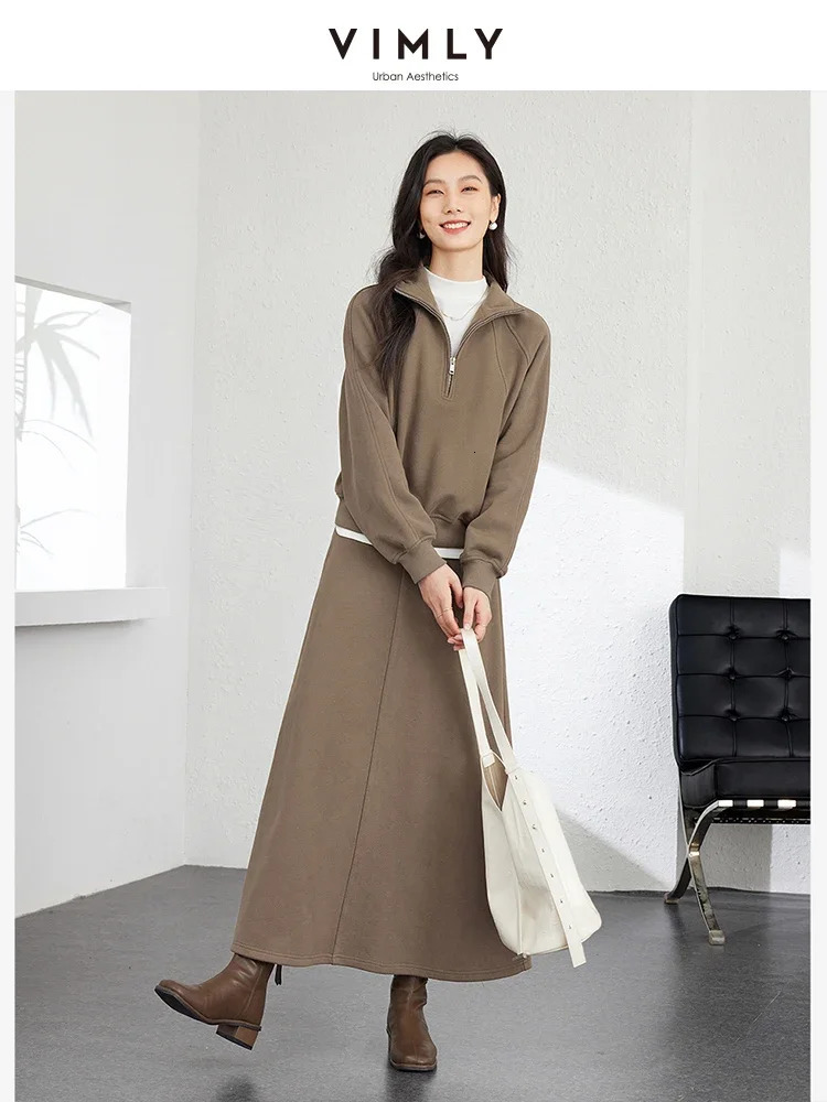 Vimly Sports Sweater Skirt 2-piece Set for Womens Office Womens Autumn/Winter Casual Zipper Top Elastic Waist Skirt Set 241112