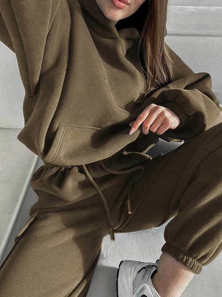 Autumn womens casual sports hoodie set Solid color long sleeved pocket hoodies Lace up work pants Ladys two piece 241111