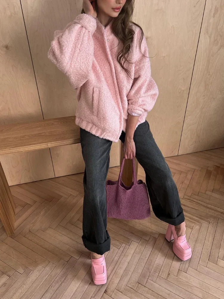 Autumn Women Elegant Pink Loose Bomber Jacket With Pocket Casual Single Breasted Long Sleeve Outerwears Female Outdoor Coat 241112