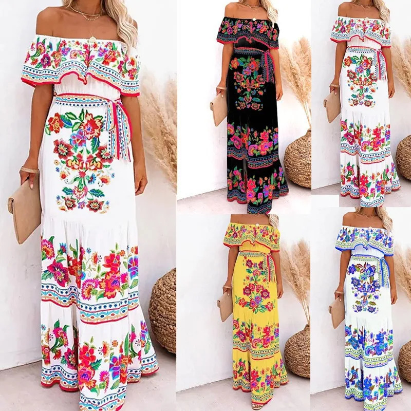 Mexican Traditional Ethnic Cinco De Mayo Summer Floral Print Off Shoulder Women Dress 240412