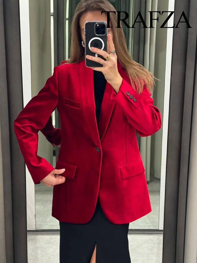 TRAFZA Womens Spring Chic Jacket Red Collar Long Sleeve Pocket Decorative Single Button Womens Fashion Jacket 241111