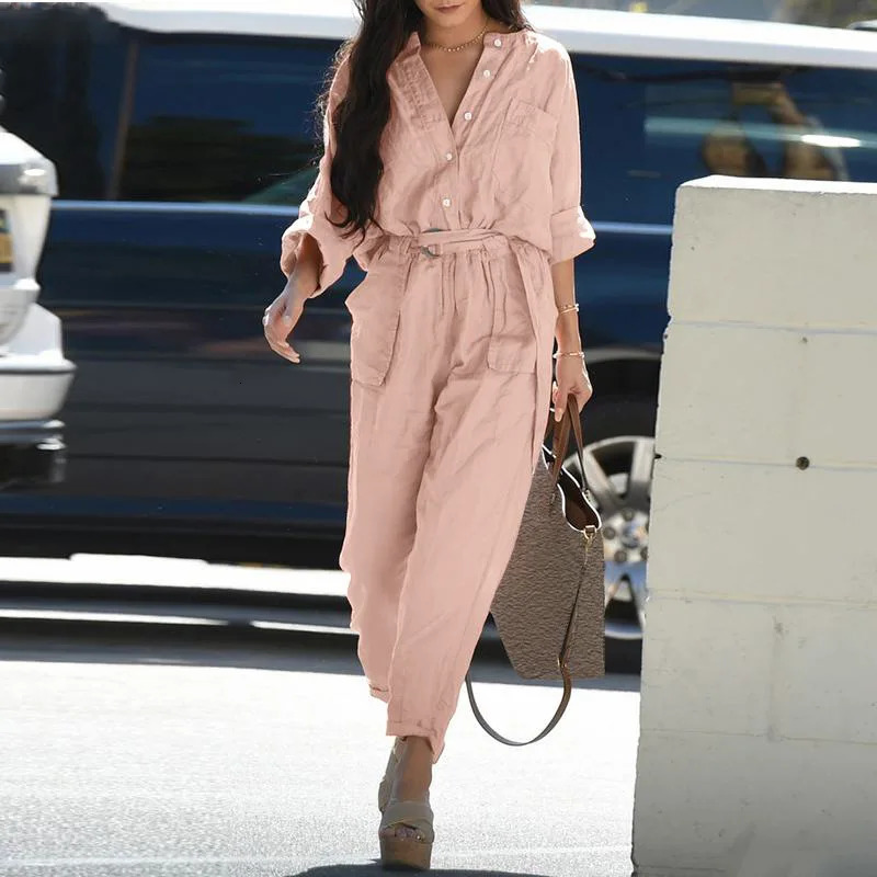 Womens casual jacket cotton linen long sleeved buttoned belt full set autumn elegant workwear womens one-piece jumpsuit 241112