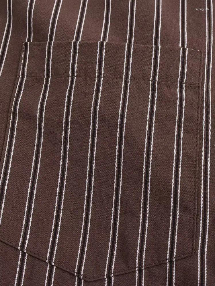 Women's Blouses Women Fashion Striped Pleated Single Breasted Blouse Vintage Lapel Neck Long Sleeves Female Chic Lady Shirts B4