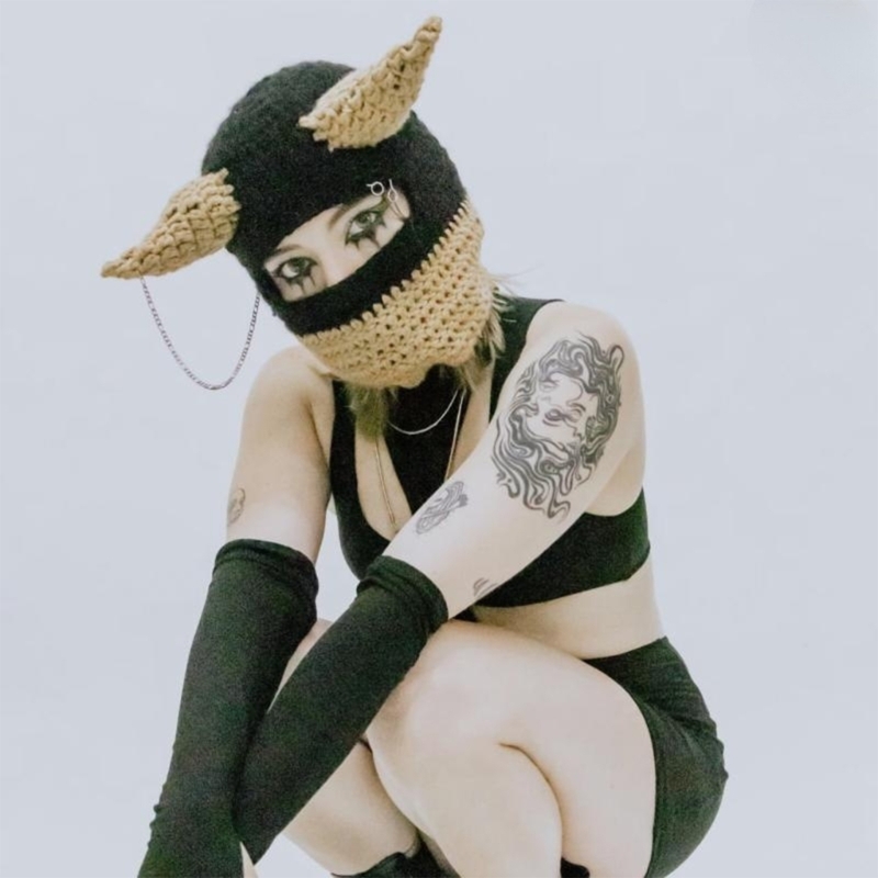 Halloween Funny Knit Warm Full Face Cover Devil Horn Balaclava Hat