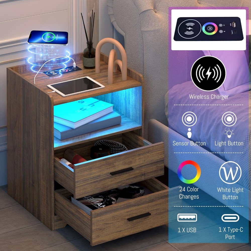 LED Nightstand with Charging Station, Smart Bedside Table with 24-Color RGB LED Lights, Charging Nightstand