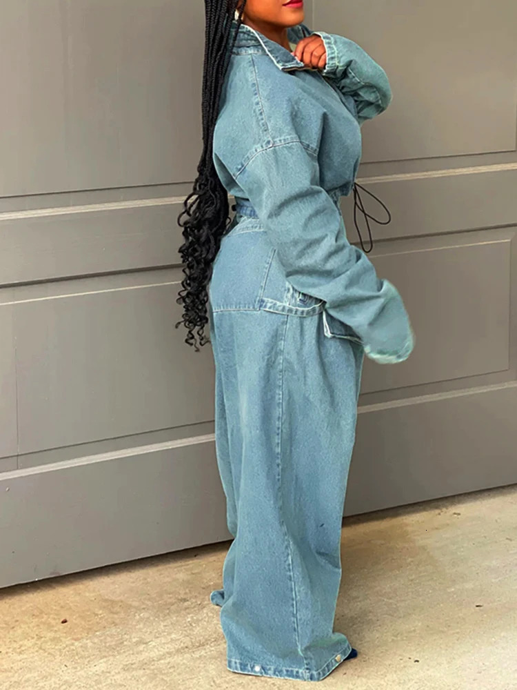 CHICEVER Streetwear Retro Cowboy Jacket Womens Stand up Collar Long Sleeve Splicing Work Zipper Autumn Casual Loose Jacket Womens 241112