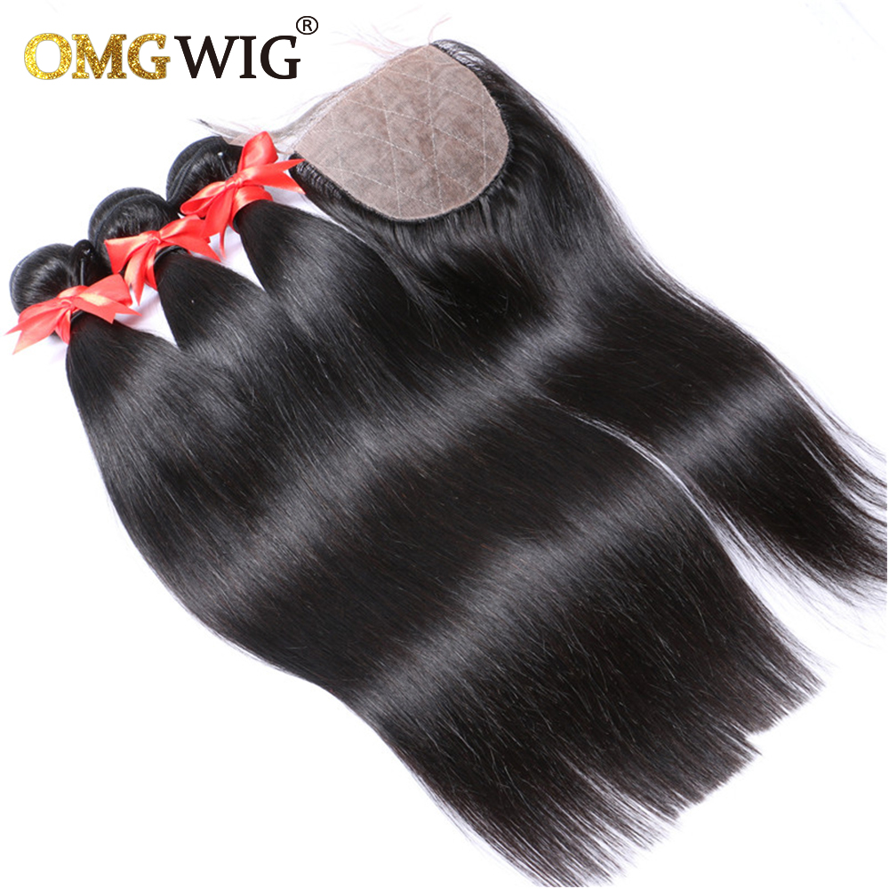 Natural Black Color Hair Bundles With 4x4 Base Closures Straight Brazilian Human Hair Free Part Bleached Knots Transparent Lace e2bf9