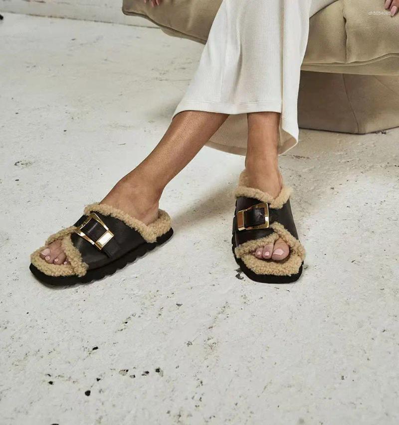 Slippers ALIAS MAE 2024 Autumn/Winter Home Leather Soft Bottom Strap Women's Leisure And Comfortable Mao Drag