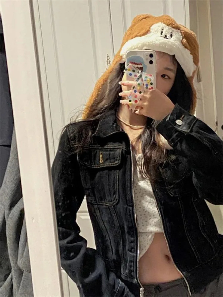 Zipper Jeans Solid Coats Streetwear Fashion Full Match Chaquetas Strapless Punk Retro Denim Jacket 241112