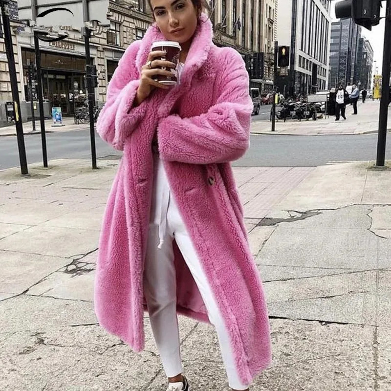 DISCVRY Pink Long Teddy Bear Jacket for Womens Winter Thick Warm Oversized Short and Fat Coat for Womens Artificial Ramsworth Fur Coat 241112