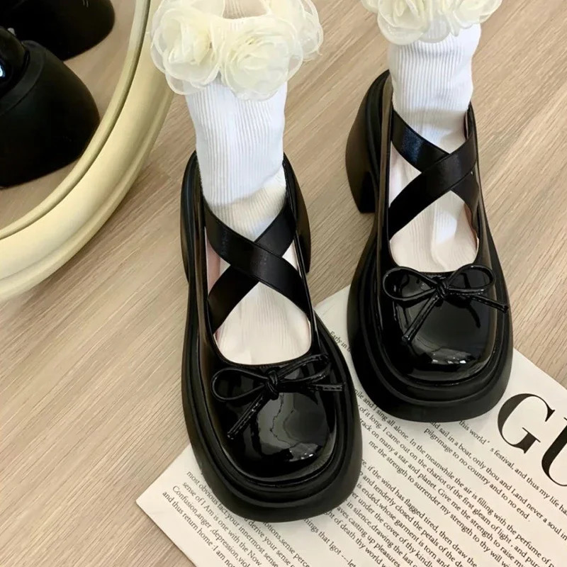 Bow Women Platform Marie Jane Shoes Mid Heels Fashion Sandals 2024 Summer Thick Pumps Casual Chunky Women Lolita Shoes 241112